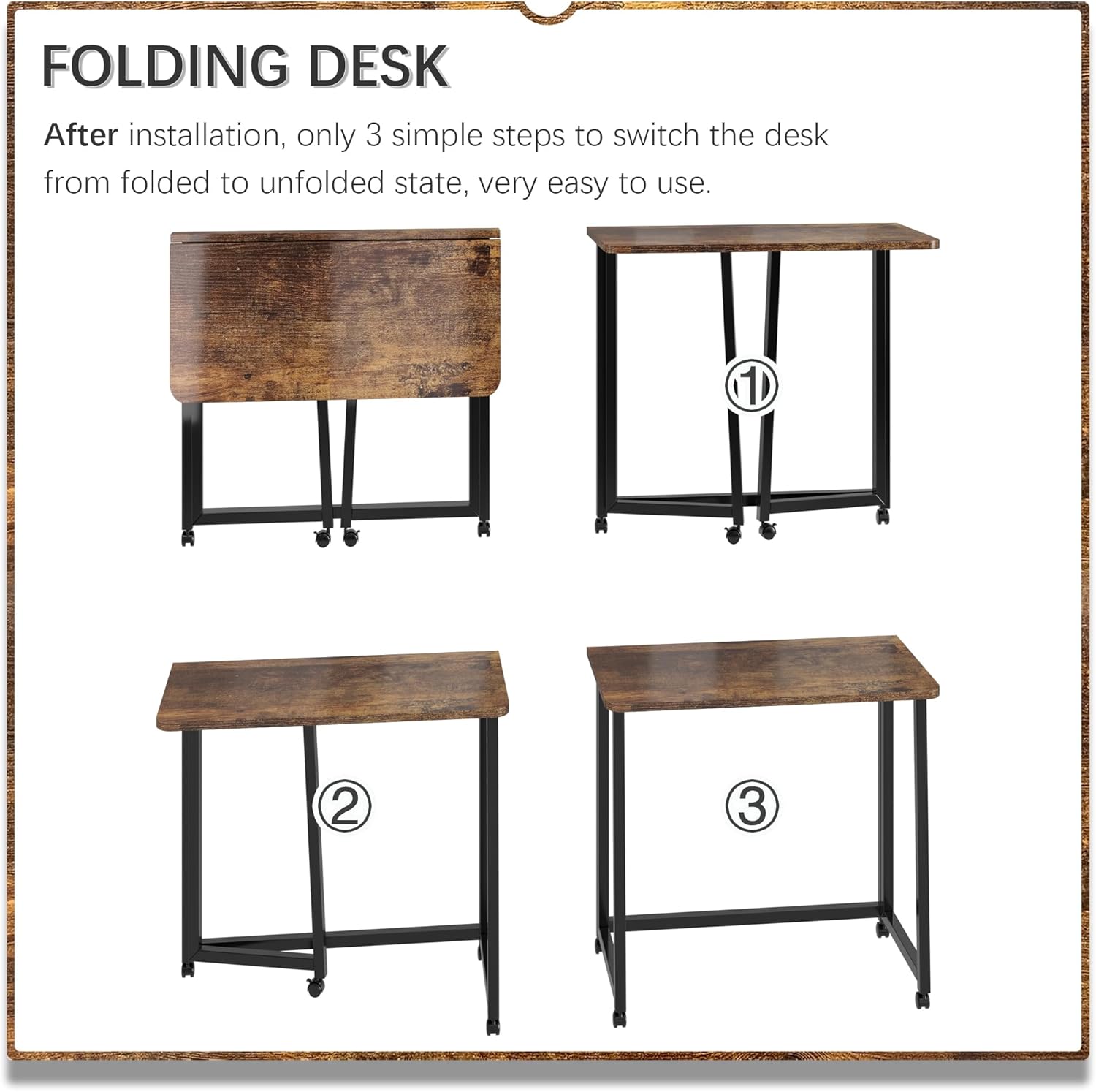 4NM 23.6" Mobile Small Folding Desk, Foldable Rolling Computer Home Office Desk, Study Writing Table for Small Space Saving Bedroom, with Wheels - Rustic Brown and Black