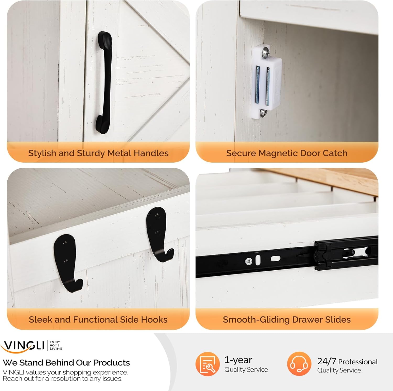 Image showing details of the cart's hardware and VINGLI's commitment to 1-year quality service and 24/7 professional support.