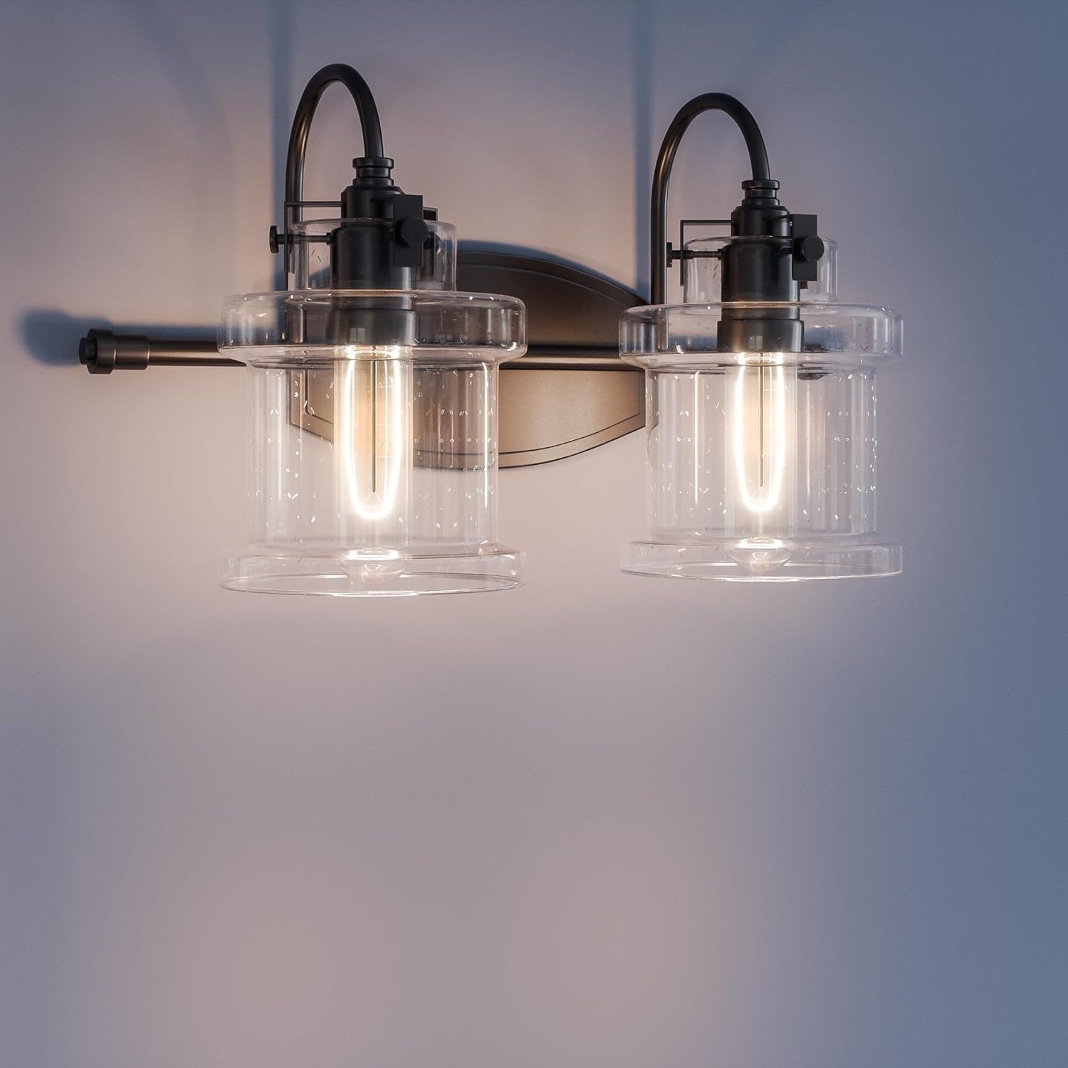 Quoizel Danbury Bath Vanity Lights, 16.25 Inch 2-Light Earth Black Vintage-Inspired Bathroom Lighting Fixtures Over Mirror, 100W, Clear Seedy Glass, Wall Mount Light for Bathrooms, Kitchen or Hallway