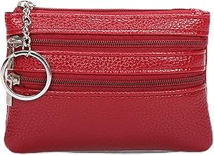 Gadom Small Coin Purse, Leather Wallet for Woman, Zipper Coin Pocket Small Ladies Purse with 3 Compartments & Keychain, Lightweight, Easy to Carry (Red)