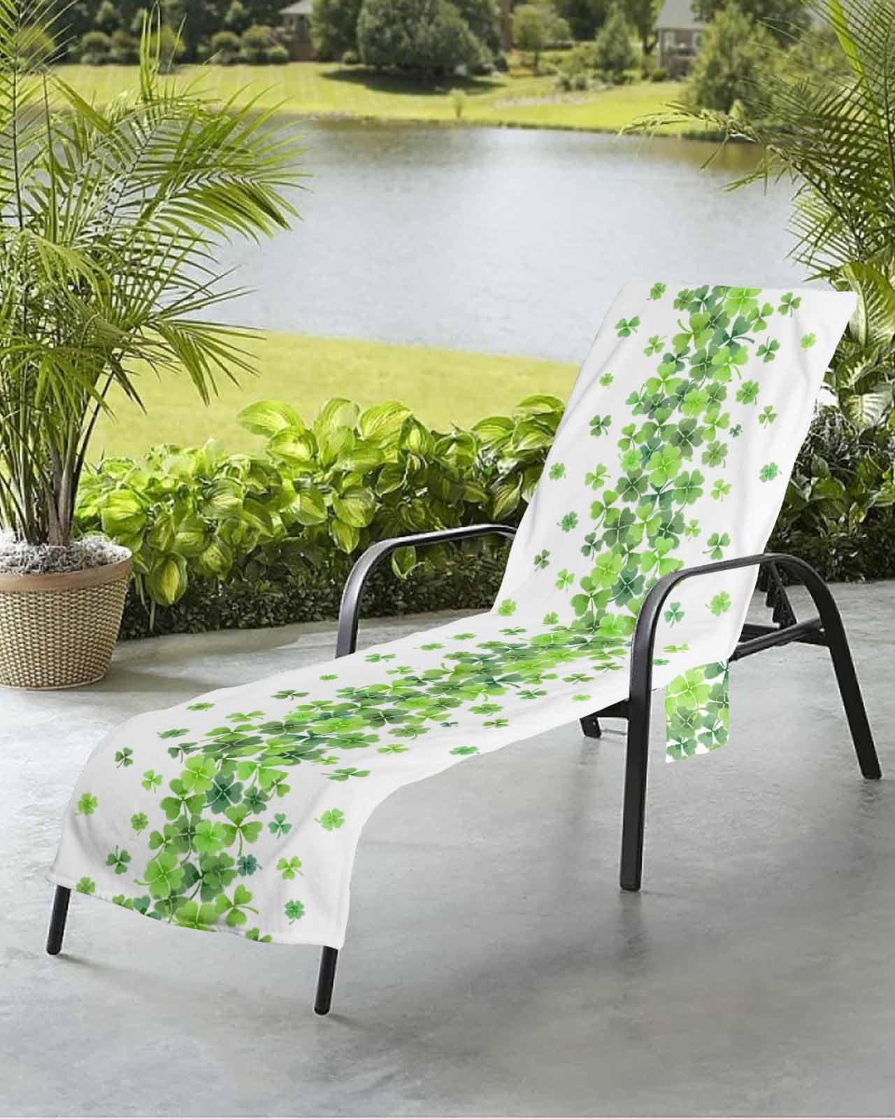 Modern White Beach Chair Towel Covers for Chaise Lounge With Side Pocket, Soft Plush Pool Towels Cover for Patio Sunbathing Outdoor 29''x85'' St. Patrick's Day Green Botanical Leaves