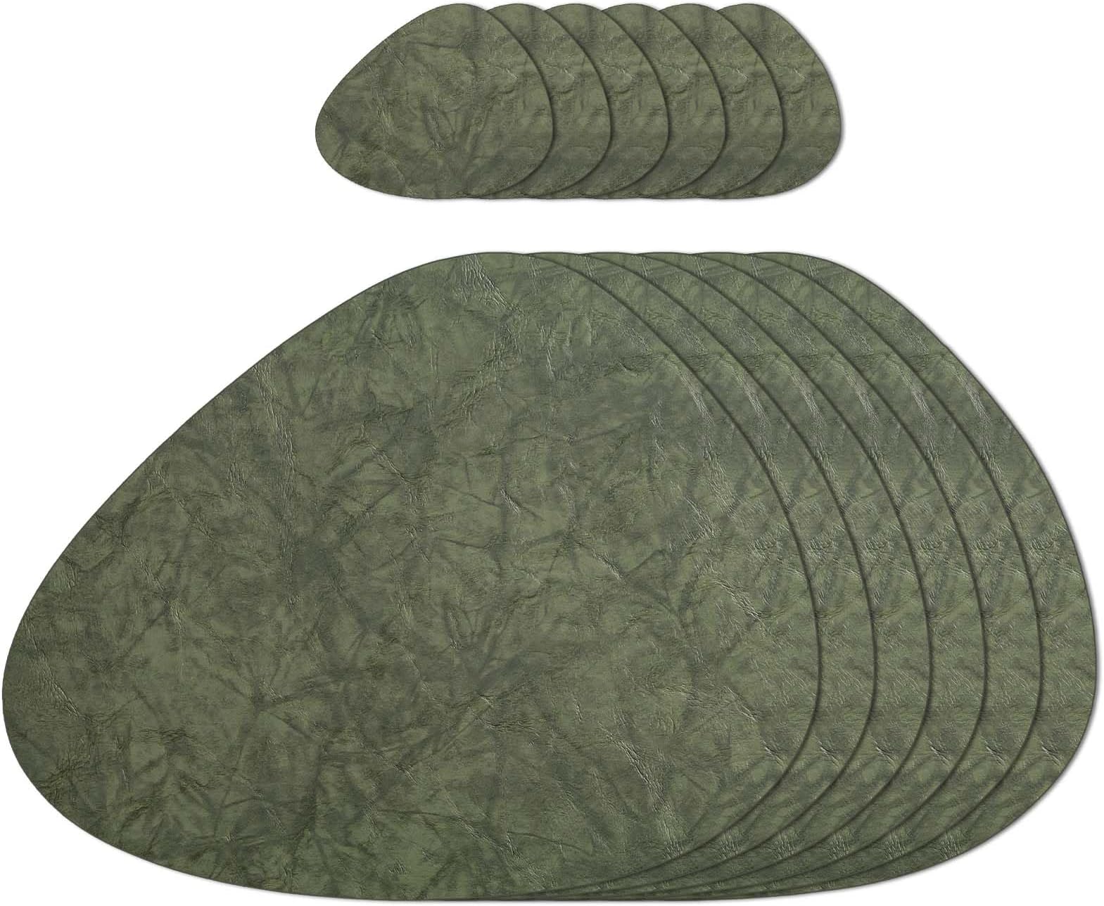 AHHFSMEI Placemats Set of 6 Faux Leather Place mats for Dining Table Heat-Resistant Non-Slip Washable Waterproof Coffee Mats Easy Clean Table Mats and 6 Coasters(Olive)
