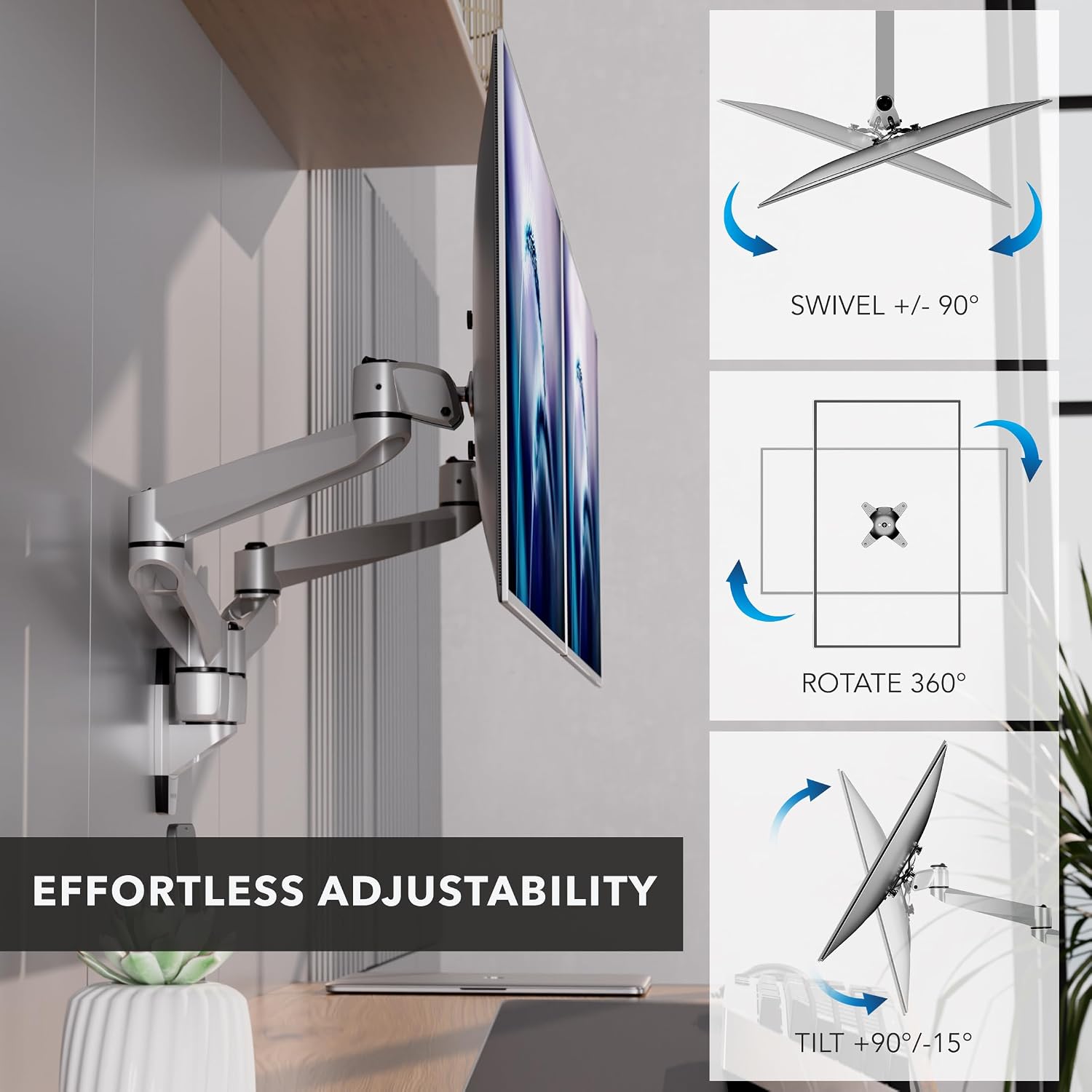Mount-It! CLiX Dual Monitor Wall Mount Full Motion Arms, TAA-Compliant, Monitor Wall Mounts for 2 Monitors 13-34" up to 22 lbs Each, VESA 75x75 100x100, Aluminum Double Monitor Wall Mount, Silver