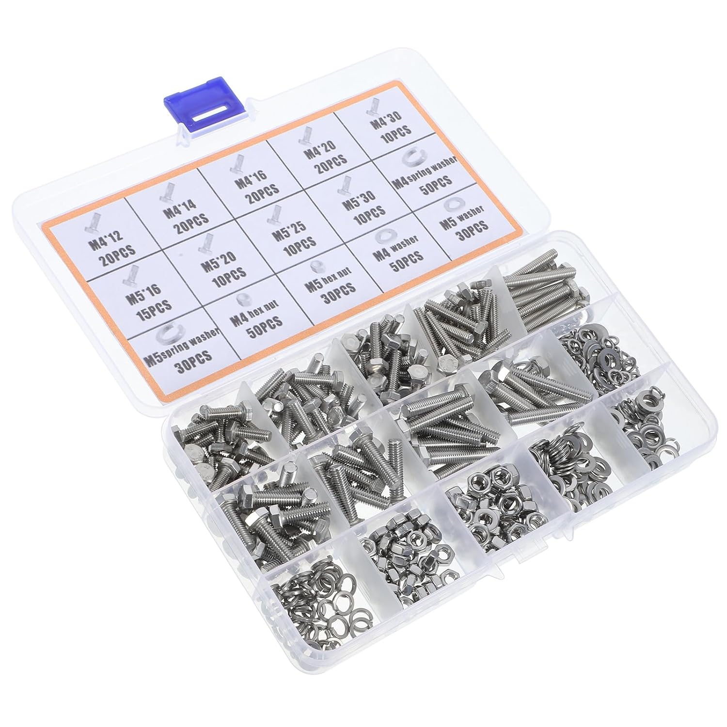Baluue 375pcs 304 Stainless Steel Metric Bolt Nut Washer Assortment Kit Fully Threaded Hex Bolts and Nuts Set for Industrial Repair and Maintenance
