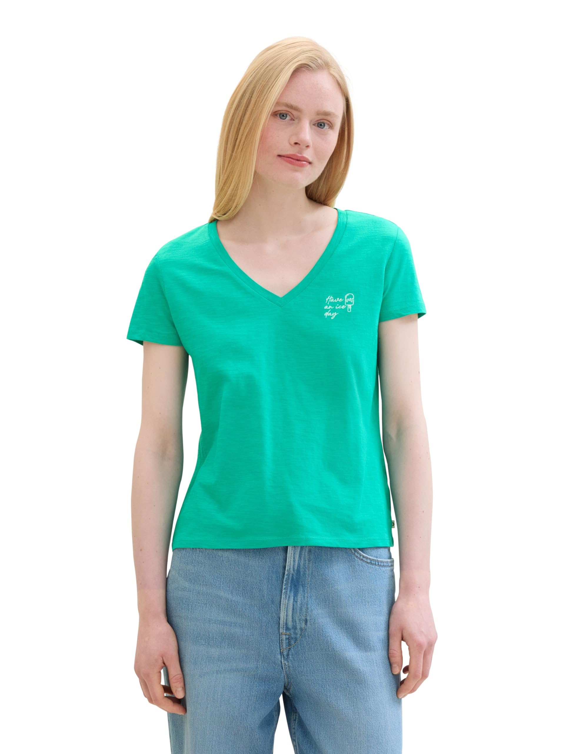 TOM TAILOR Denim Women's Basic V-Neck T-Shirt, 35363 - Bright Green, XXS