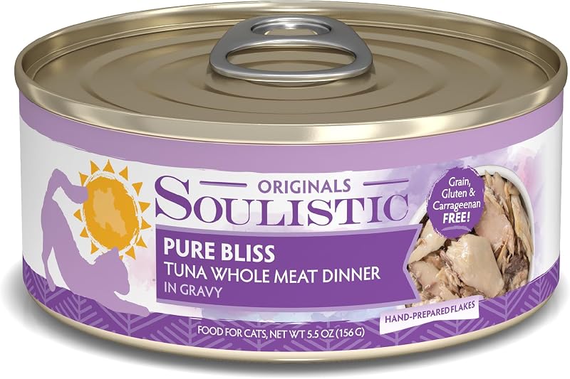 Ração úmida para gatos adultos Soulistic Originals Pure Bliss com atum em pedaços e molho, lata de 156 g, pacote com 8