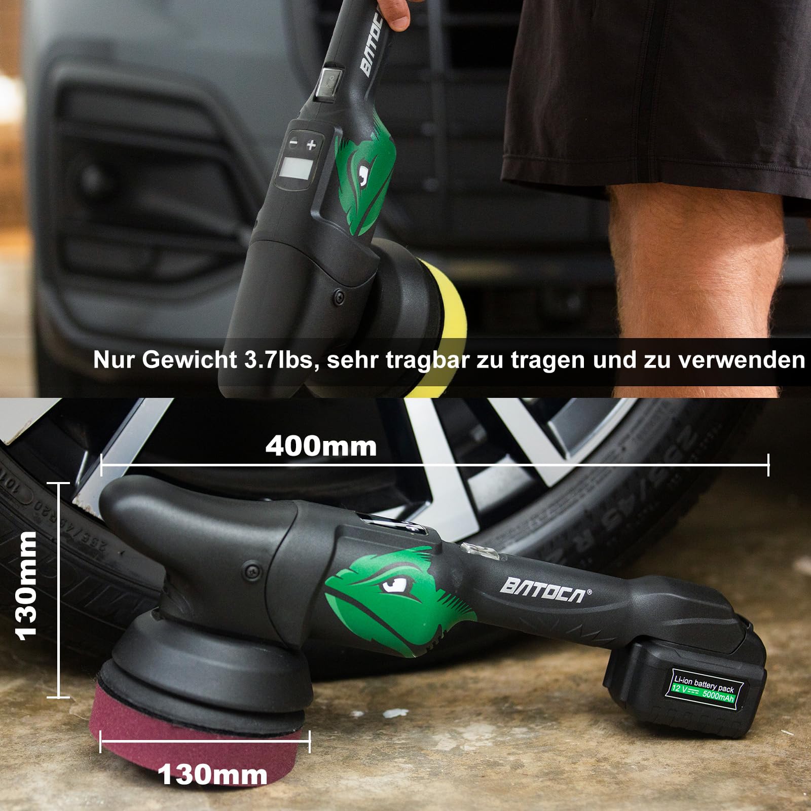 BATOCA S2 Auto Poliermaschine,Akku Polierer,LCD Geschwindigkeitsanzeige 2000-4500RPM,8mm Exzenter/Orbital Puffer,Polieren Auto,Polierset mit 2 5000mAh Akkus,125mm Polierschwamm,Polnisch Schleifen