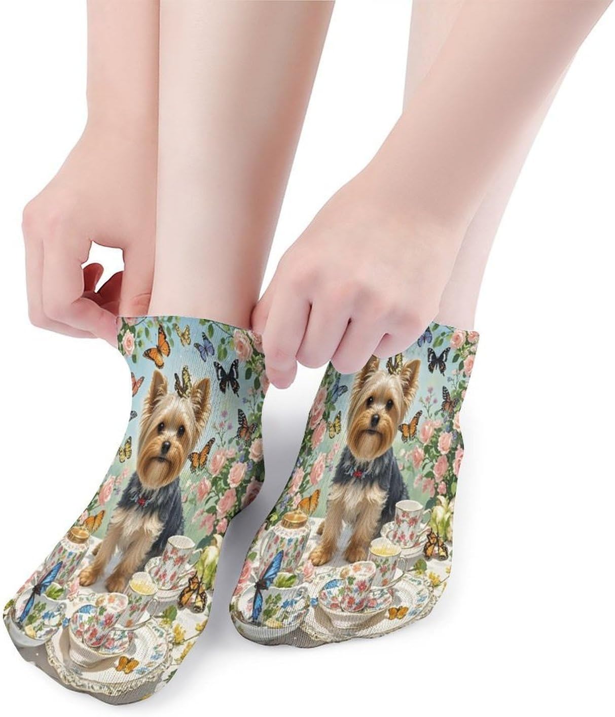 Yorkshire Terrier Tea Butterflies Roses Ankle Socks for Men Women 5 Pairs