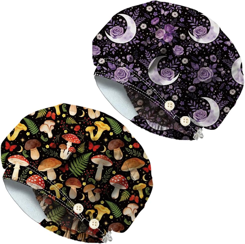 2pcs Scrub Cap Adjustable Unisex Working Hats with Button Sweatband Cotton Bouffant Caps for Cooking