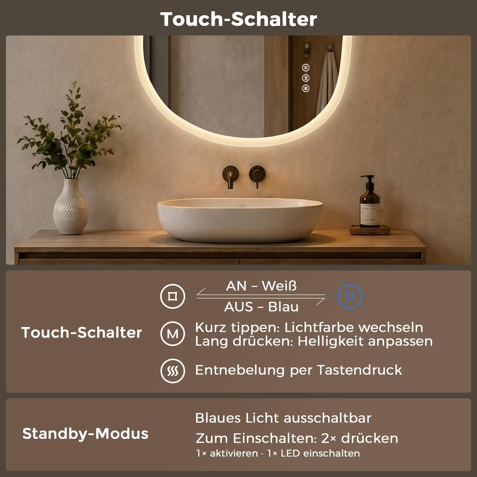 Badspiegel mit Beleuchtung 70 × 90 cm, Rahmenlos, asymmetrisch