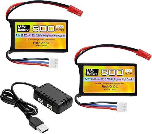 Fytoo Batería Lipo de 7.4V 500mAh 30C con enchufe JST-2P con cargador 2 en 1 para helicóptero RC Quadcopter pequeño avión micro FPV Racing Drone RC