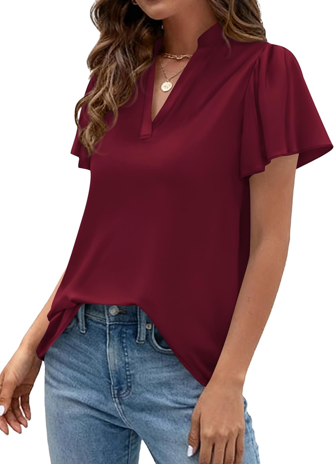PRETTYGARDEN Women's 2026 Summer Satin Blouses Dressy Casual Ruffle Cap Sleeve V Neck Business Work Cute Tops Spring Outfits - Image 3