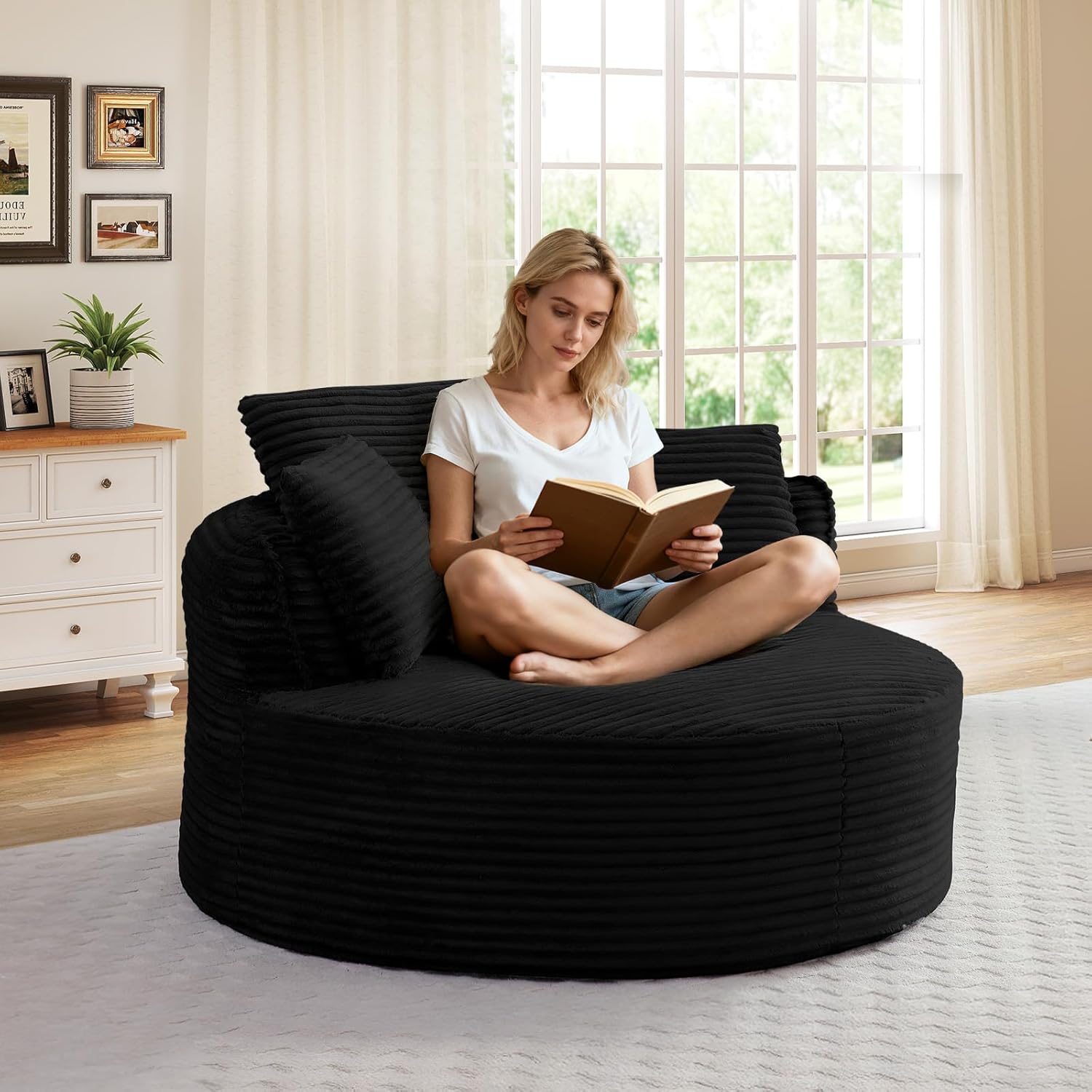 53-inch Boneless Round Chair, Circle Corduroy Memory Foam Upholstered Chaise Lounge Indoor, Comfy Reading Accent Deep Seat Sofa Chair for Living Room, Bedroom, Office, No Assembly Required, Black