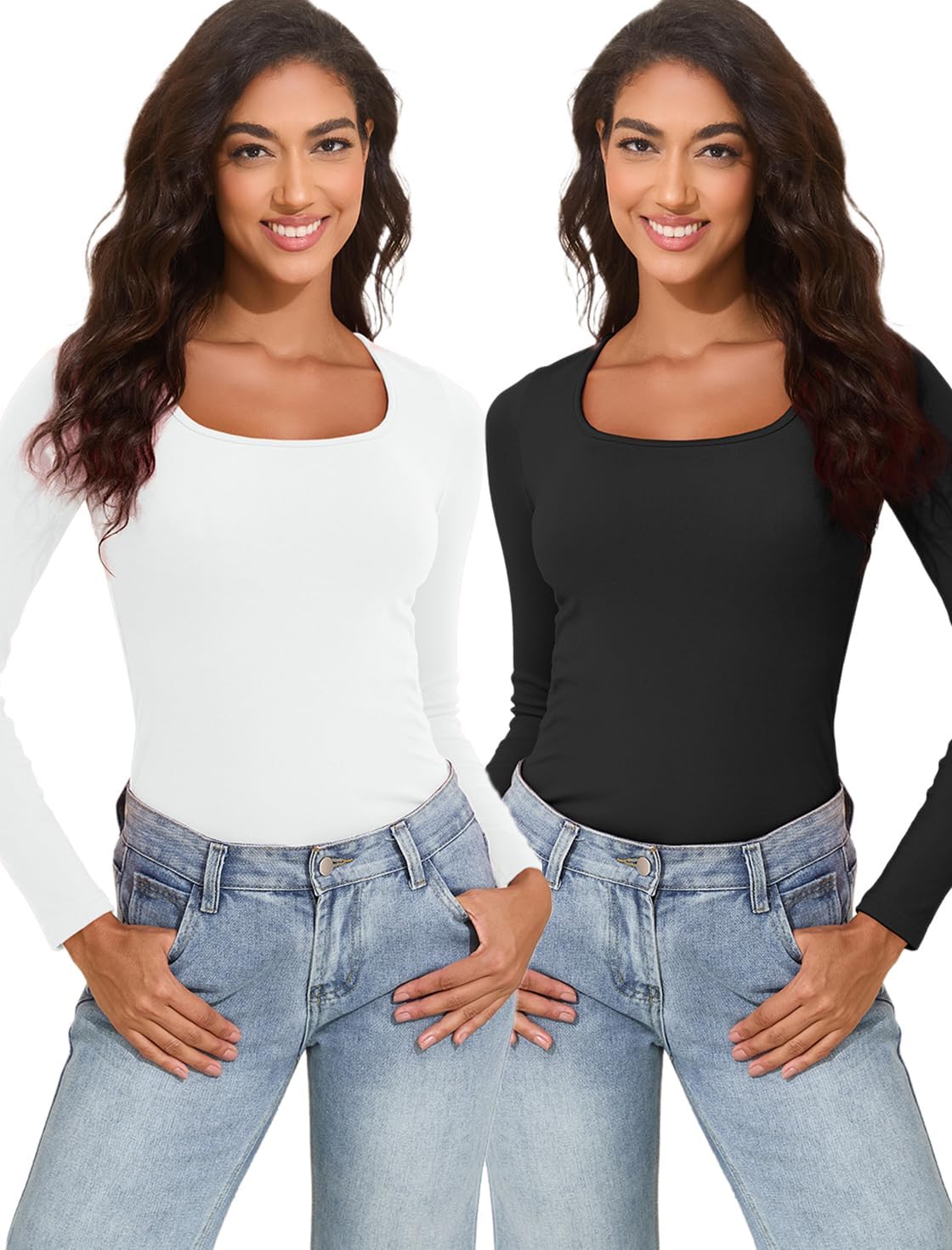 YYA Womens Long Sleeve Tops 2 Pack Basic Shirts for Women Fitted Stretch Layering Tees Casual Slim Fit Going Out Tops