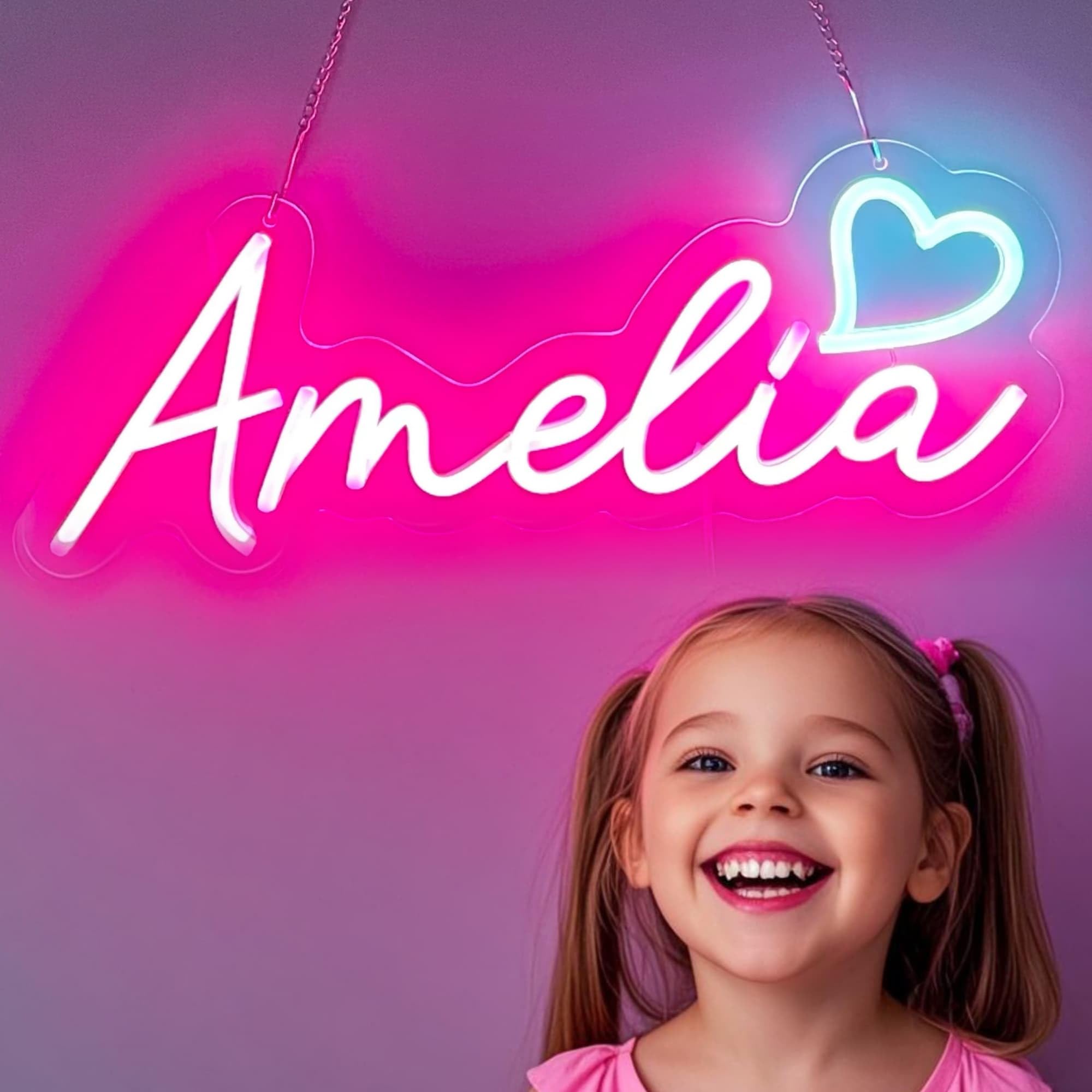 Amelia neonowa tabliczka z imieniem, neonowa lampka Amelia, lampka nocna LED, do sypialni, dekoracja ścienna w akademiku i prezenty, regulowana jasność, zasilanie przez USB (Amelia - różowa)