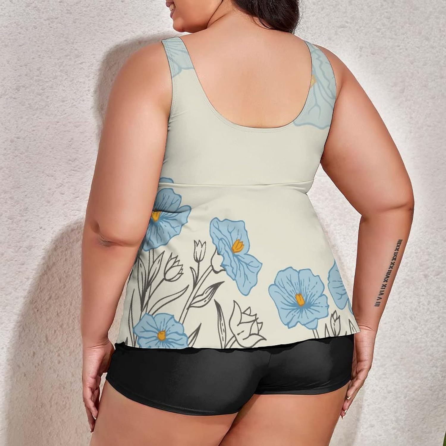 Womens Plus Size Tankini Swimsuits Swim Top Shorts Blue Floral Flower Seamless Pattern Two Piece Bathing Suit Spring Summer Flower Swimwear Tummy Control