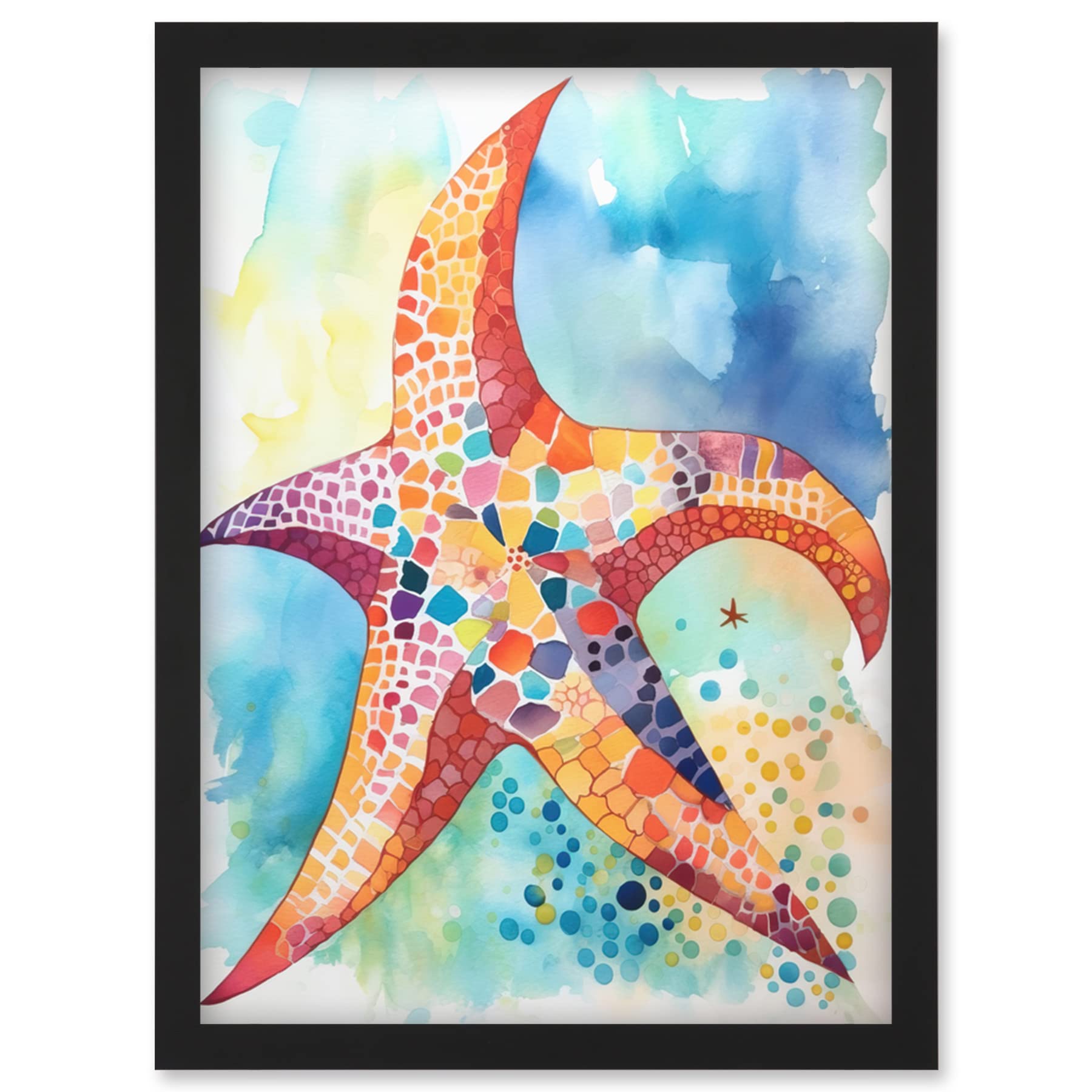 Artery8 Abstract Mosaic Starfish Folk Art Artwork Framed Wall Art Print A4