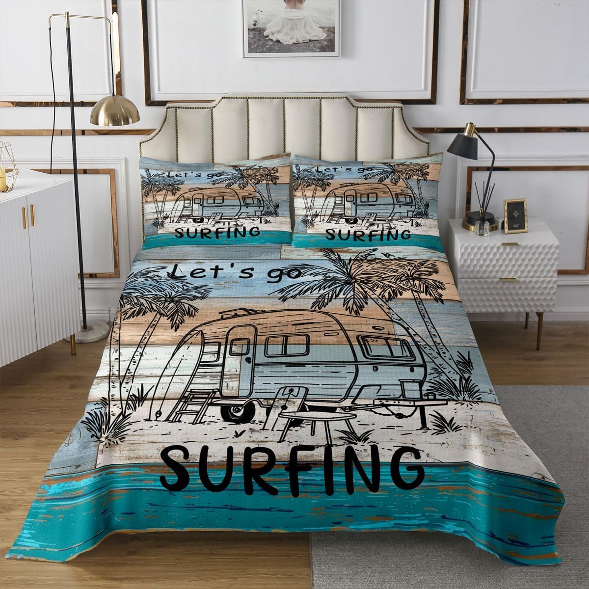 Homewish Vintage RV Quilt Sets Queen Size,Ocean Surfing Bedspread 3Pcs for Kids Teens Youth Room Decor,Camp Tent Bedding Sets Happy Camping Coverlet,2 Pillowcases