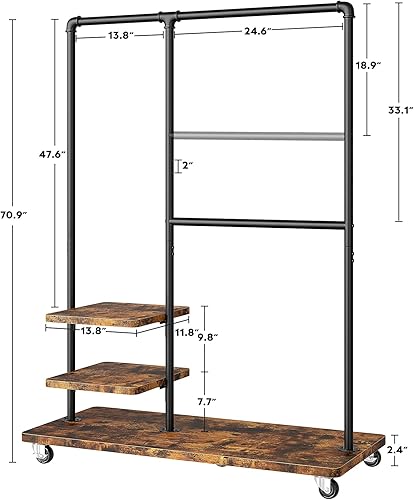 Miniatura 5 de Raybee Industrial Pipe Clothing Rack Heavy Duty Clothes Rack, Rolling Garment Rack with Shelves, Clothing Rack Loads 400 LBS Capacity Portable