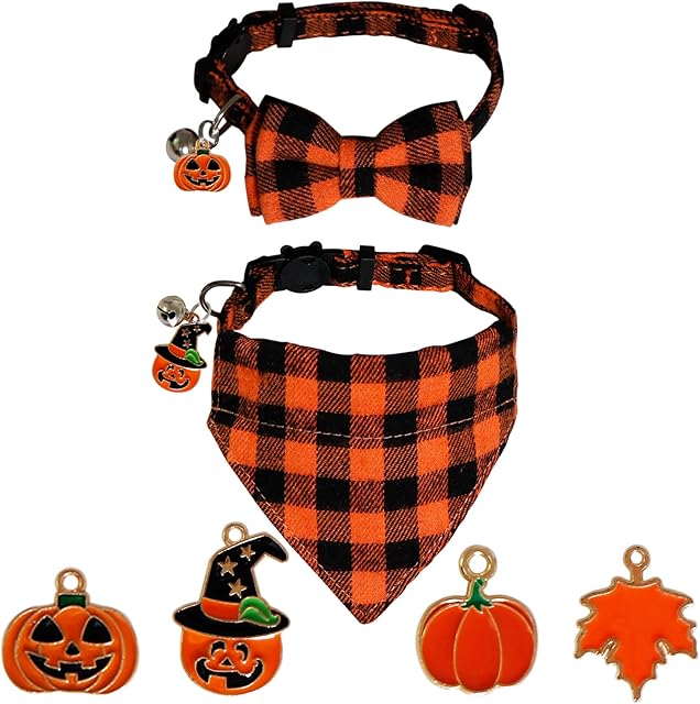 STMK 2 Pack Holiday Cat Bandana Collar with Bell, Breakaway Halloween Thanksgiving Day Fall Cat Kitten Bandana Collar with Bell & DIY Pumpkin Maple Leaf for Holiday Cats Kittens Costume Decorations