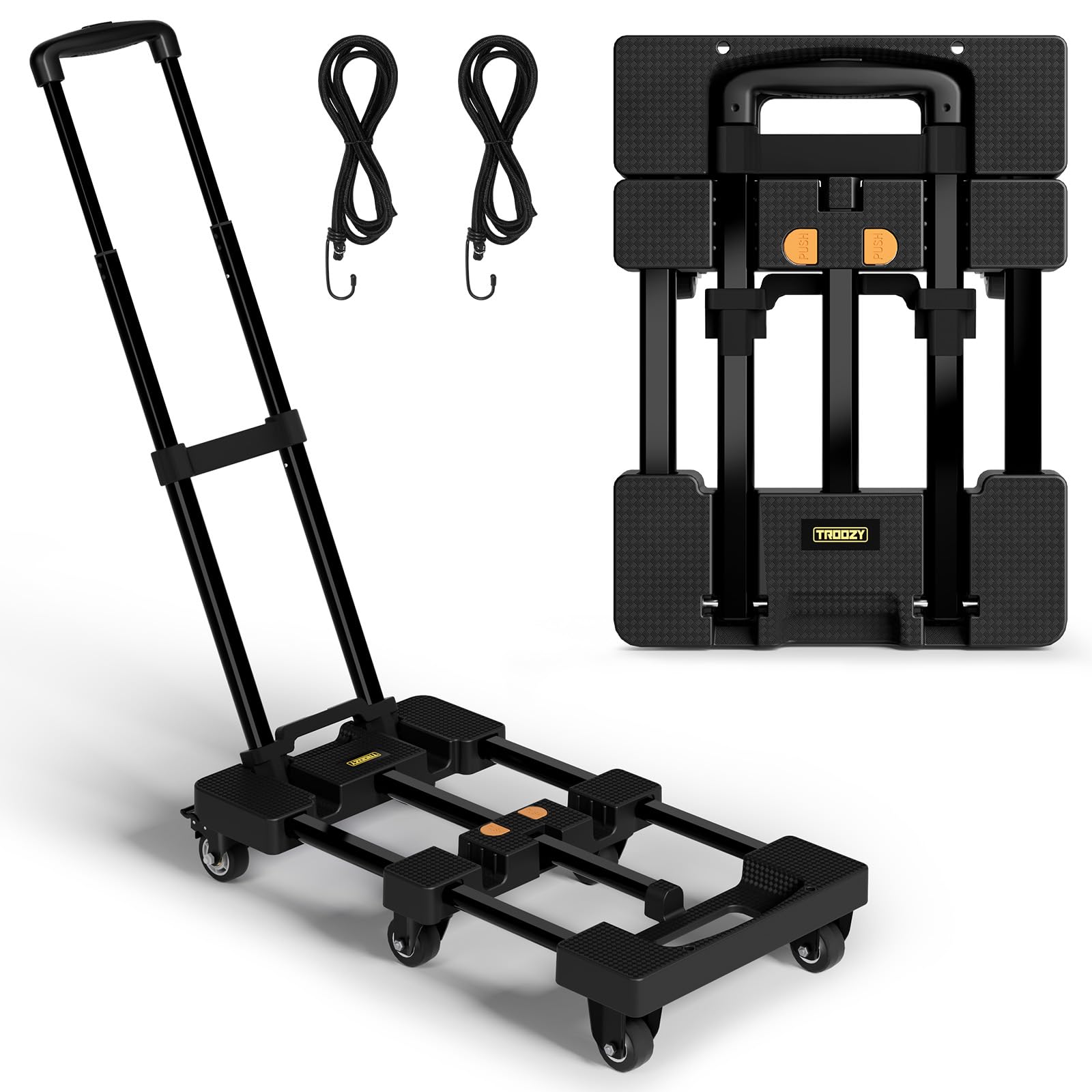 Diable Pliable, Chariot Robuste avec 6 Roues, capacité de 226,8 kg, Plaque Extensible de 66 cm, 2 Sangles élastiques, Chariot Utilitaire Pliable pour déménagement, Bagages, Voyage, Shopping, Noir