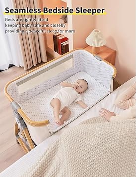 bonbay Baby Bassinet, Bedside Bassinet for Baby, 4 in 1 Portable Bassinet Bedside Sleeper with Wheels Mosquito Net & Storage Basket, 6 Height Adjustable Rocking Bassinet for Newborn Baby