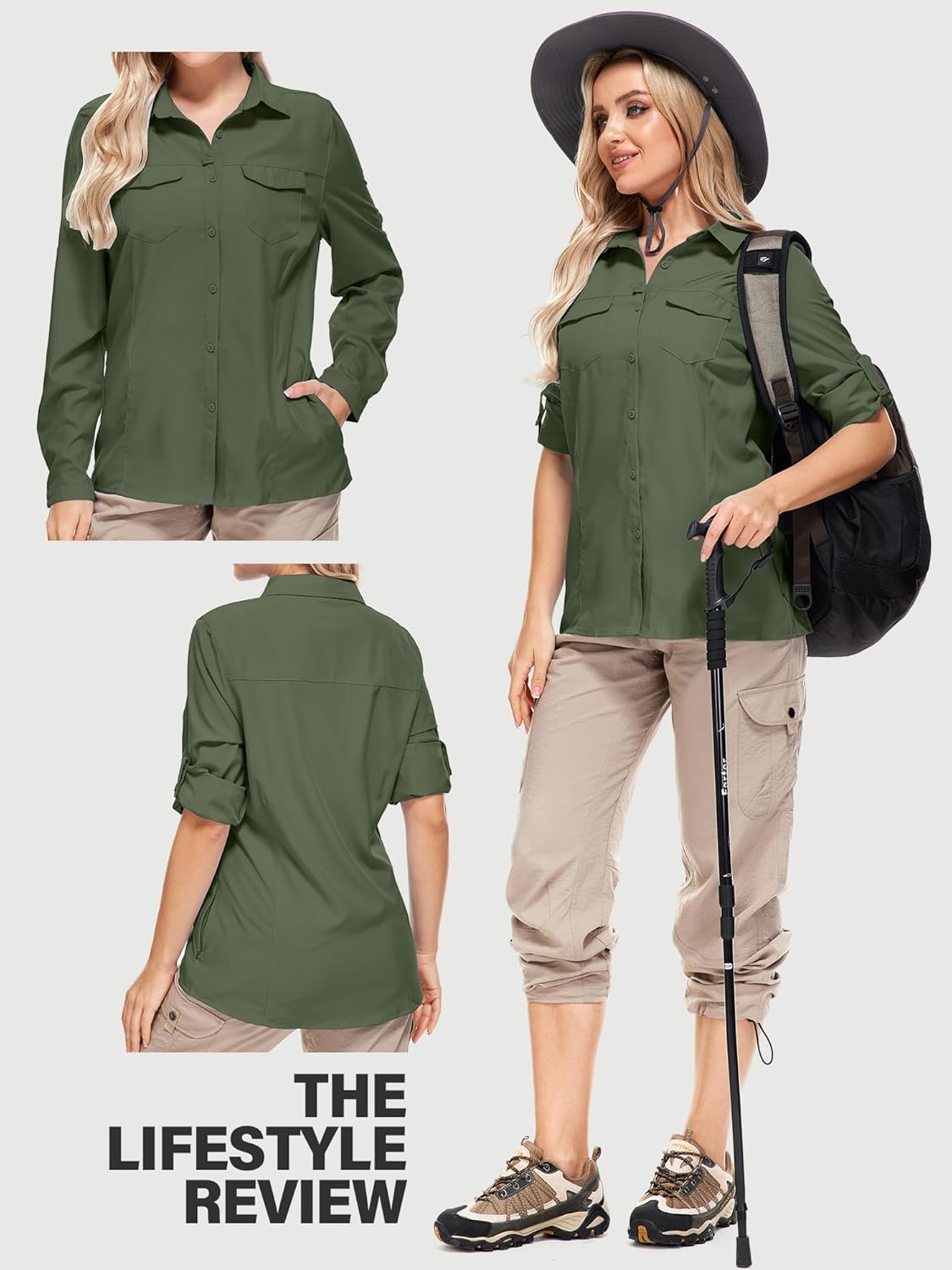 Women's UPF 50+ UV Sun Protection Shirts Long Sleeve Fishing Hiking Shirt Cool Lightweight Travel Safari Shirts 5073,Army Green,3XL - Image 5