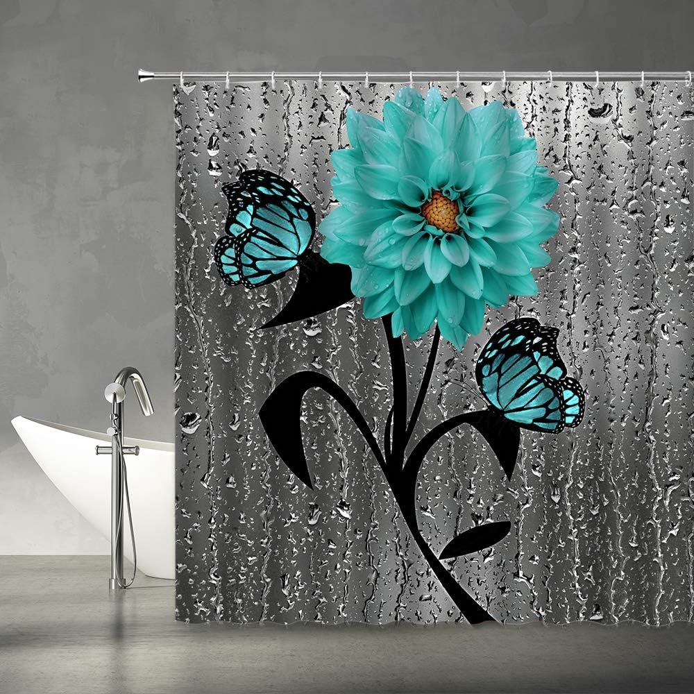 AMFD Teal Flower Butterfly Shower Curtain Dahlia Floral Butterflies Gray Water Beads Background Creative 3D Print Art Black Fabric Bathroom Curtain Set Machine Washable Include Hooks,(70" WX70 H)