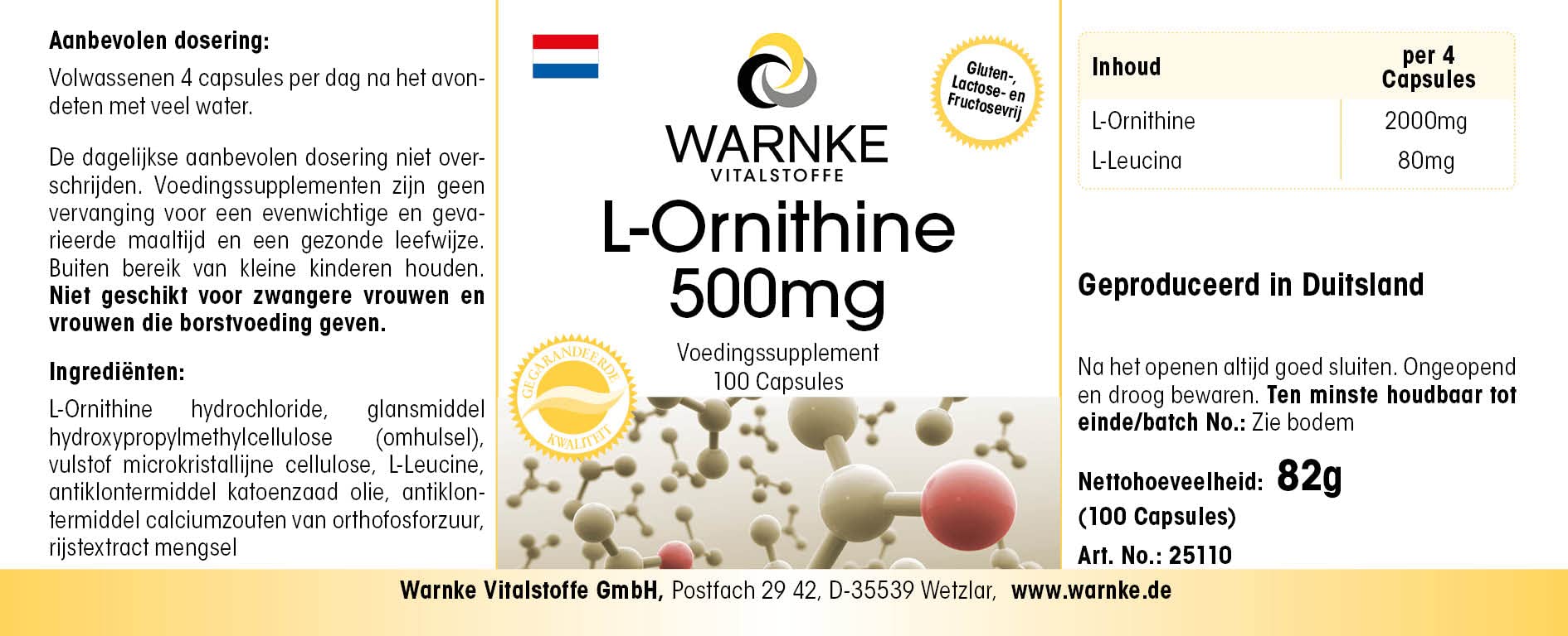 L Ornitina capsule - 500mg - Vegan - 100 Capsule | Warnke Vitalstoffe - Qualità da farmacia tedesca