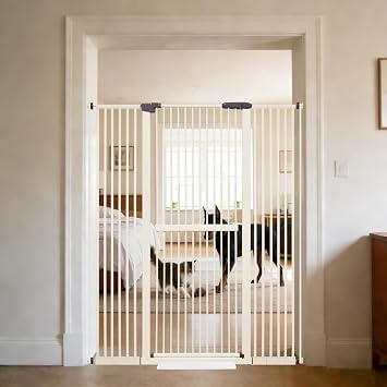 Lumizone 61.02" Extra Tall Pet Gate for Cat Dog 30.12"-59.24" Wide Cream | Extra Tall Cat Gate for Doorway Hallway Stairs Pressure Mounted 1.37" Gap No Drilling Auto-Close Dual-Lock