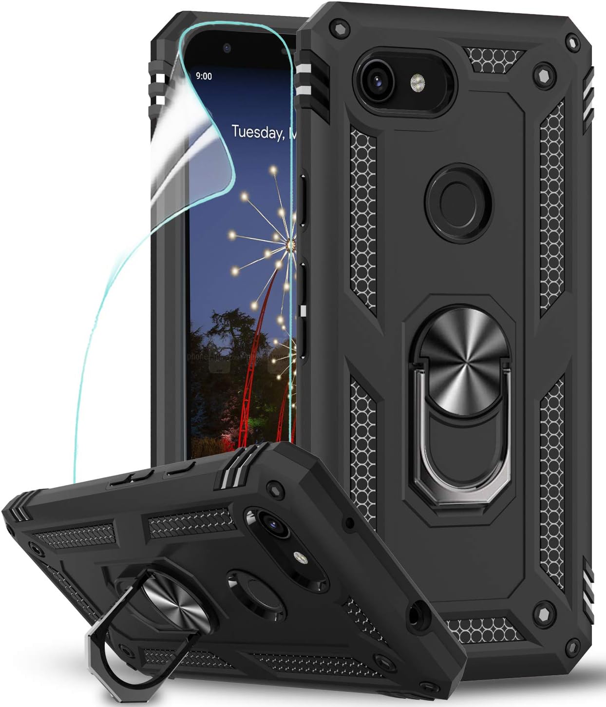 Google Pixel 3a Case (Not fit 3a XL) with HD Screen Protector, LeYi [Military-Grade] Armor Full-Body Dual Layer Protective Phone Case with Rotating Holder Kickstand for Google Pixel 3a, JSFS Black