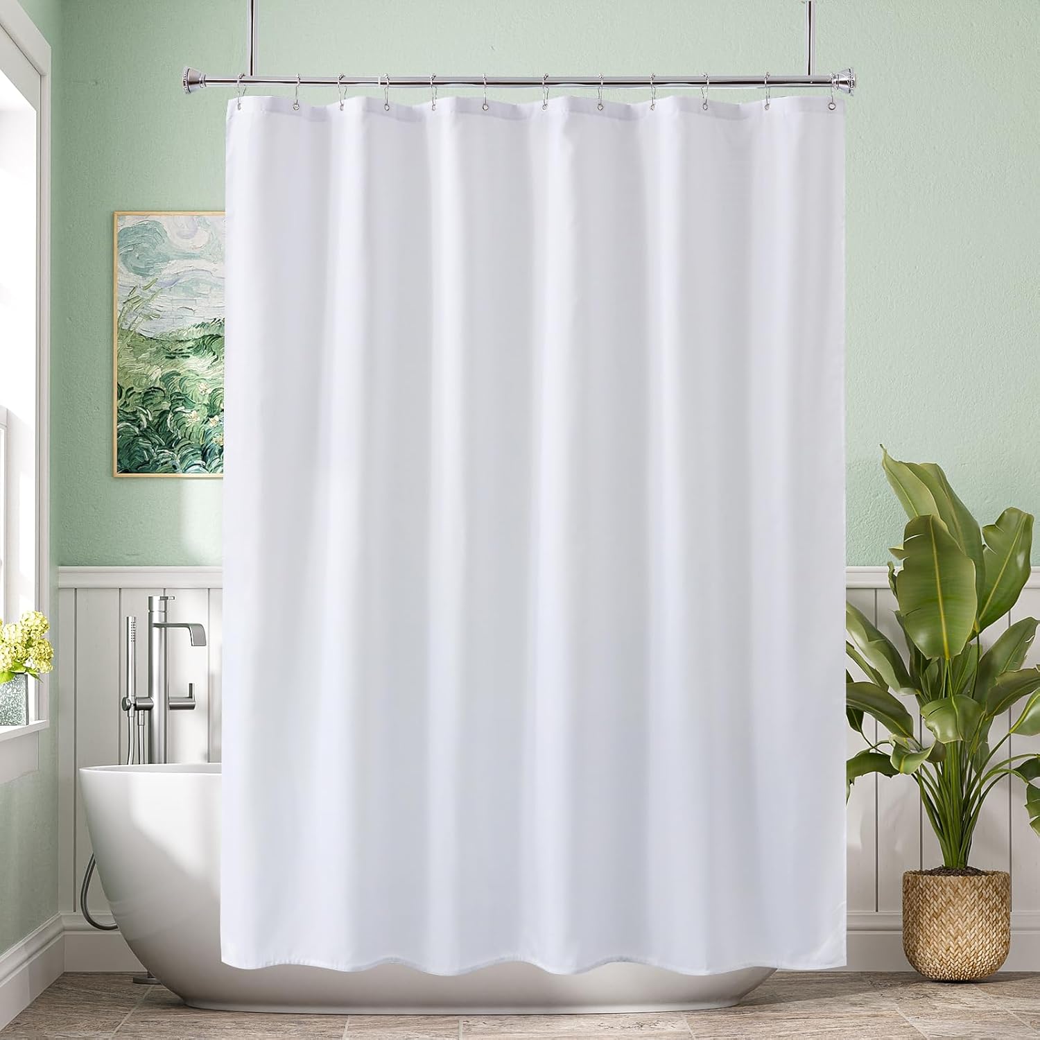 White Shower Curtain Liner 72x74 Inches, Fabric Shower Liner Cloth with Weighted Stones, Washable Shower Curtain and Liner 2-in-1, 120G Heavy Duty, 12 Grommet Holes
