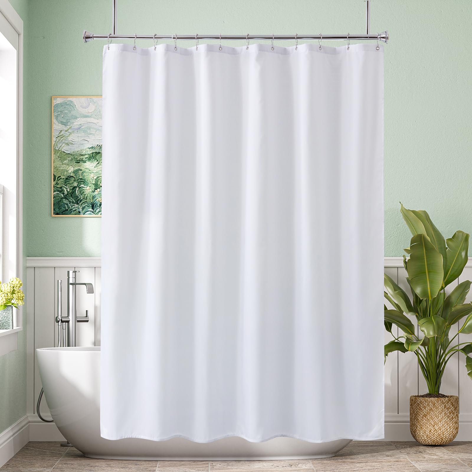 Amazer White Shower Curtain Liner 72x74 Inches, Fabric Shower Liner Cloth with Weighted Stones, Washable Shower Curtain and Liner 2-in-1, 120G Heavy Duty, 12 Grommet Holes