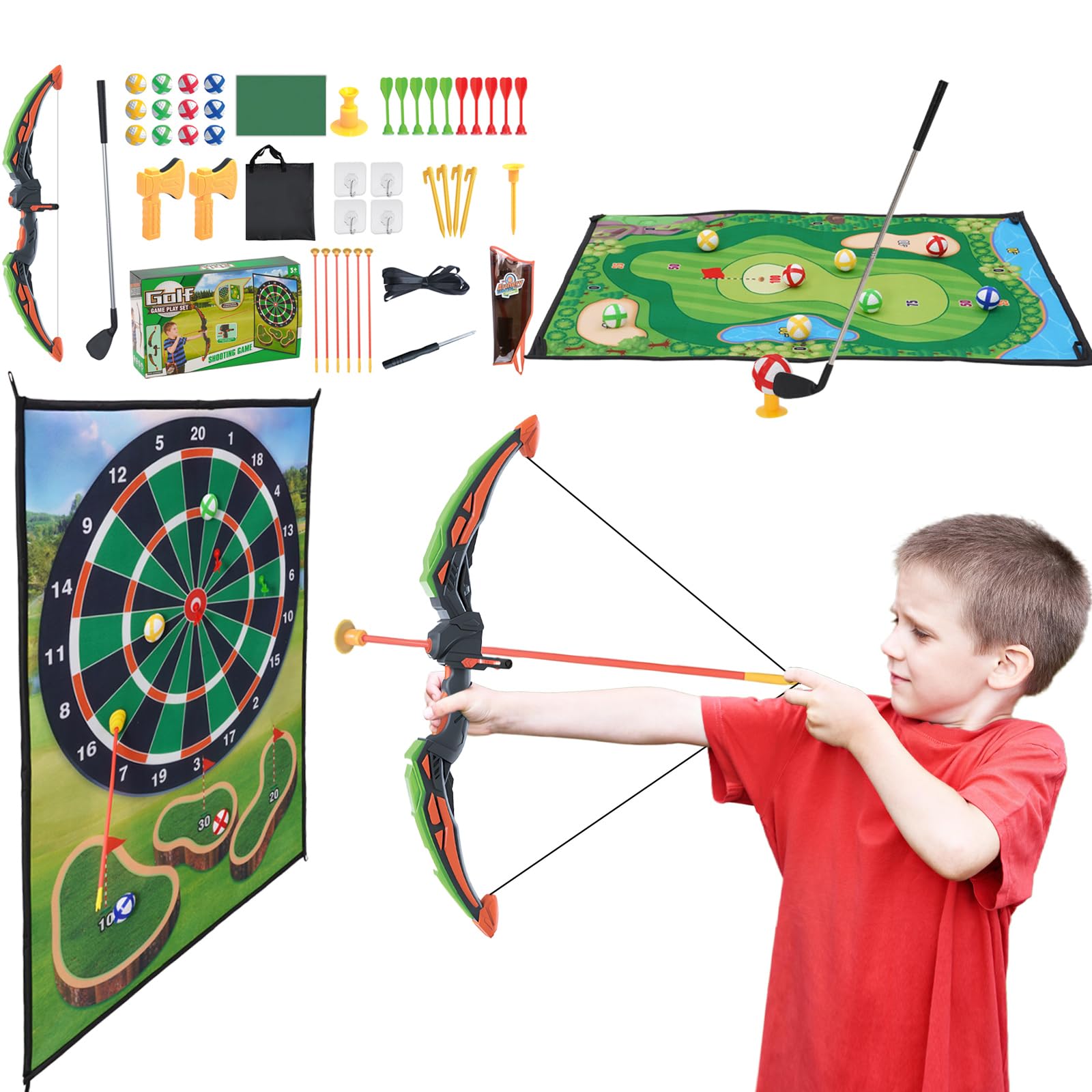 Bambini Arco e frecce e Mini Golf 2 in 1 Set di Giocattoli con 6 frecce e 12 Palle da Golf, Regalo per Ragazzi e Ragazze da 3 a 12 Anni, Giochi interattivi per la Famiglia all'aperto