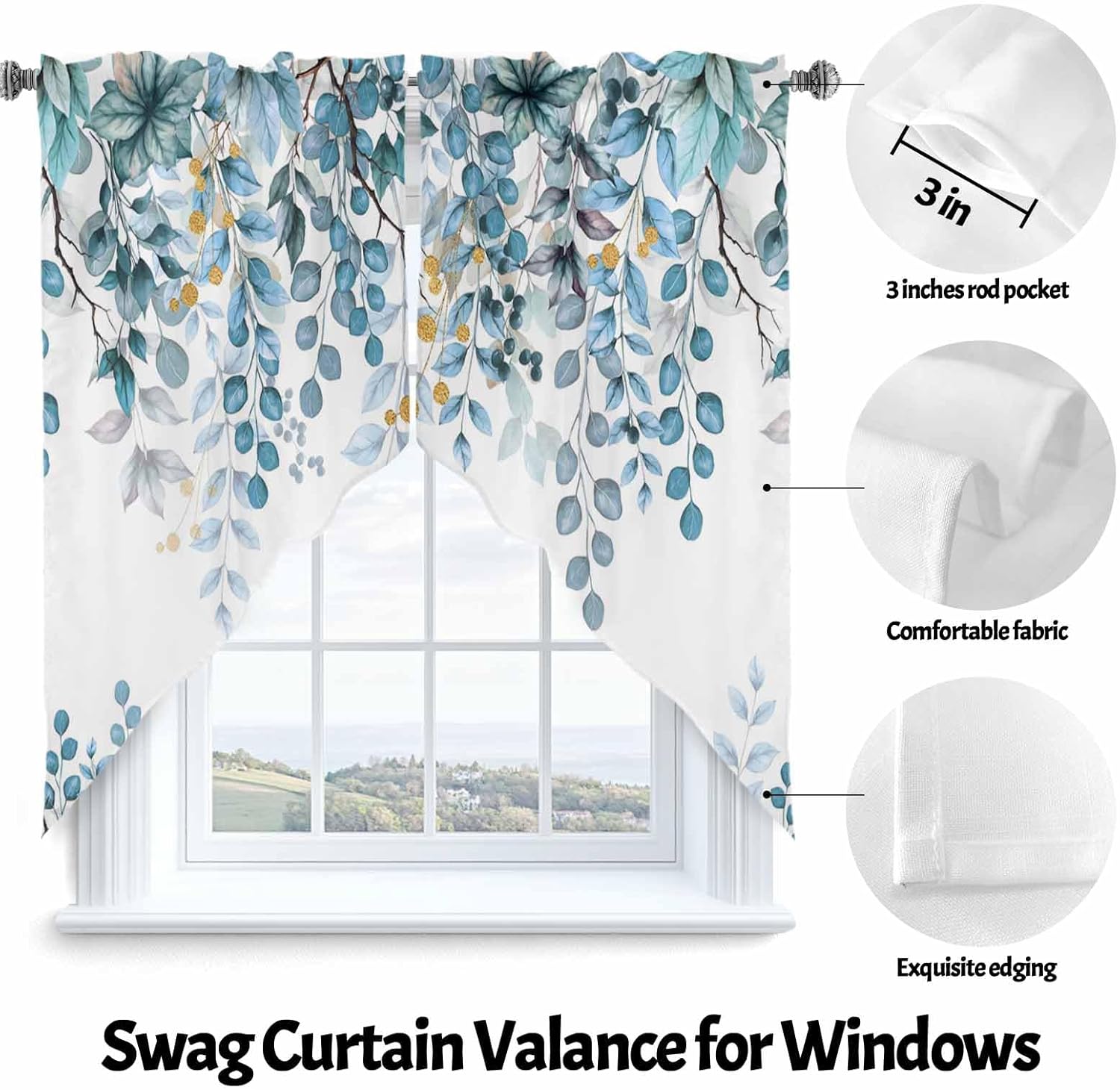 2 Piece Farmhouse Curtains Valances for Windows, Abstract Art Blue Leaves Rod Pocket Curtain Swag Topper Set, Light Filtering Window Curtains Valance Panels for Bathroom Bedroom 36x45 Inch