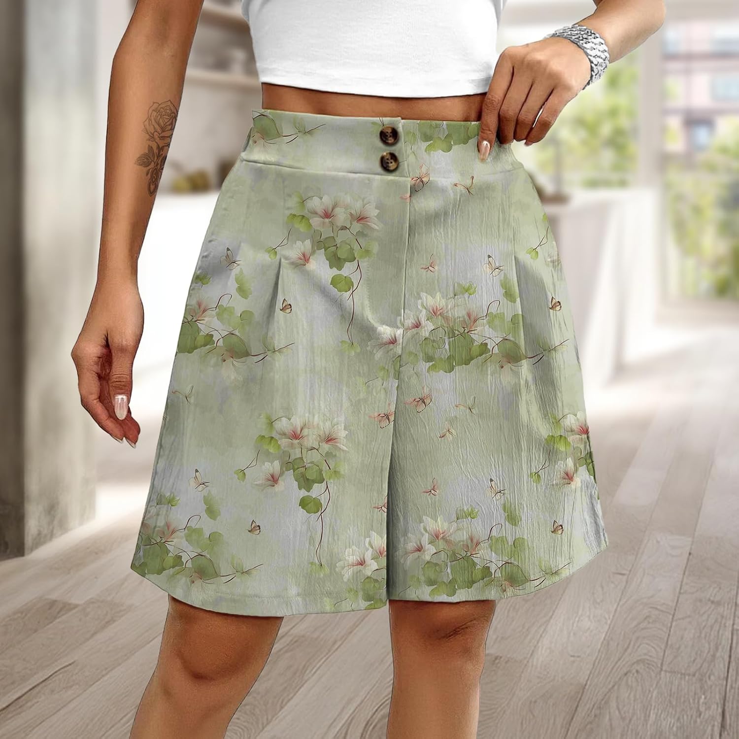 Workout Shorts Women High Waisted Button Down Loose Fit Boho Floral Beach Vacation Summer Casual Trendy Pants - Image 2