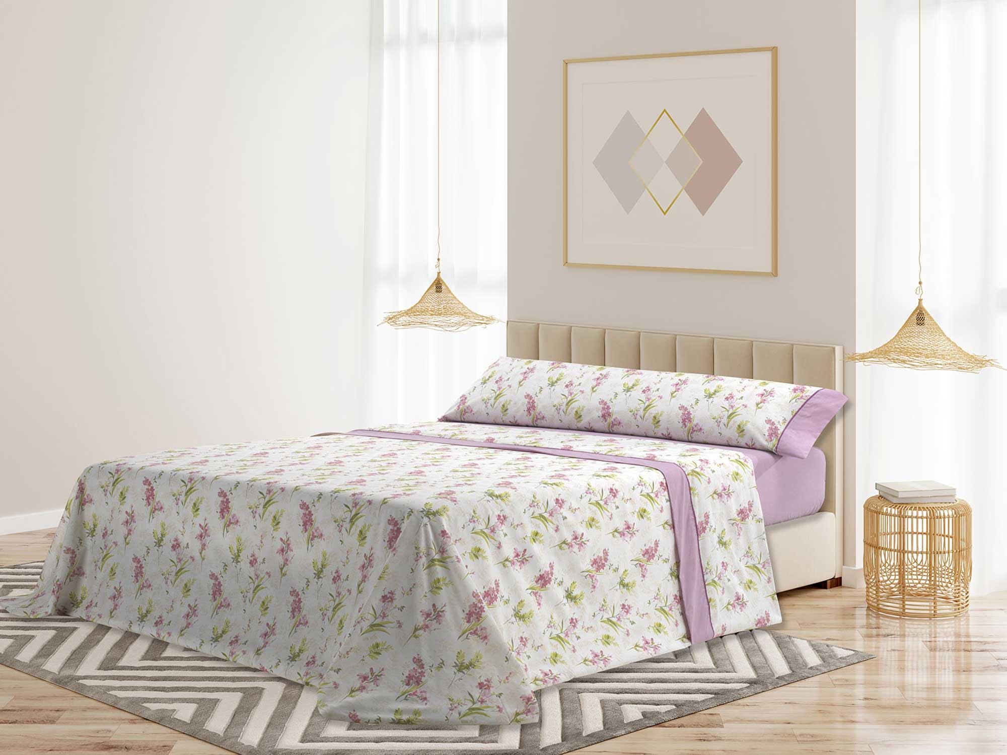 Mora - Juego de sábanas algodón Combinado + Fundas de Almohada - 3/4 Piezas - 144 Hilos - diseño Estampado Entretiempo - Modelo M85