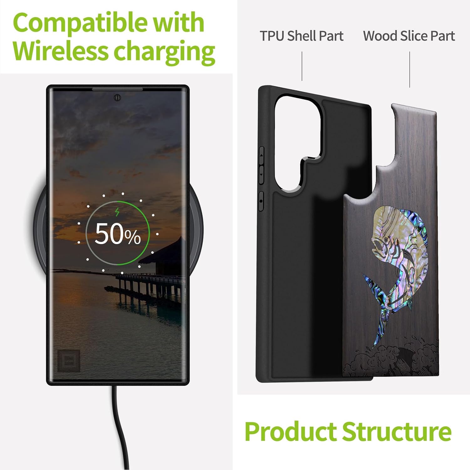 Carveit Designer Wooden Case for Samsung Galaxy S23 Ultra Cover [Wood Engraving & Shell Inlay] Compatible with Wireless Chargers Galaxy S23 Ultra Case (Mahi Mahi-Blackwood)