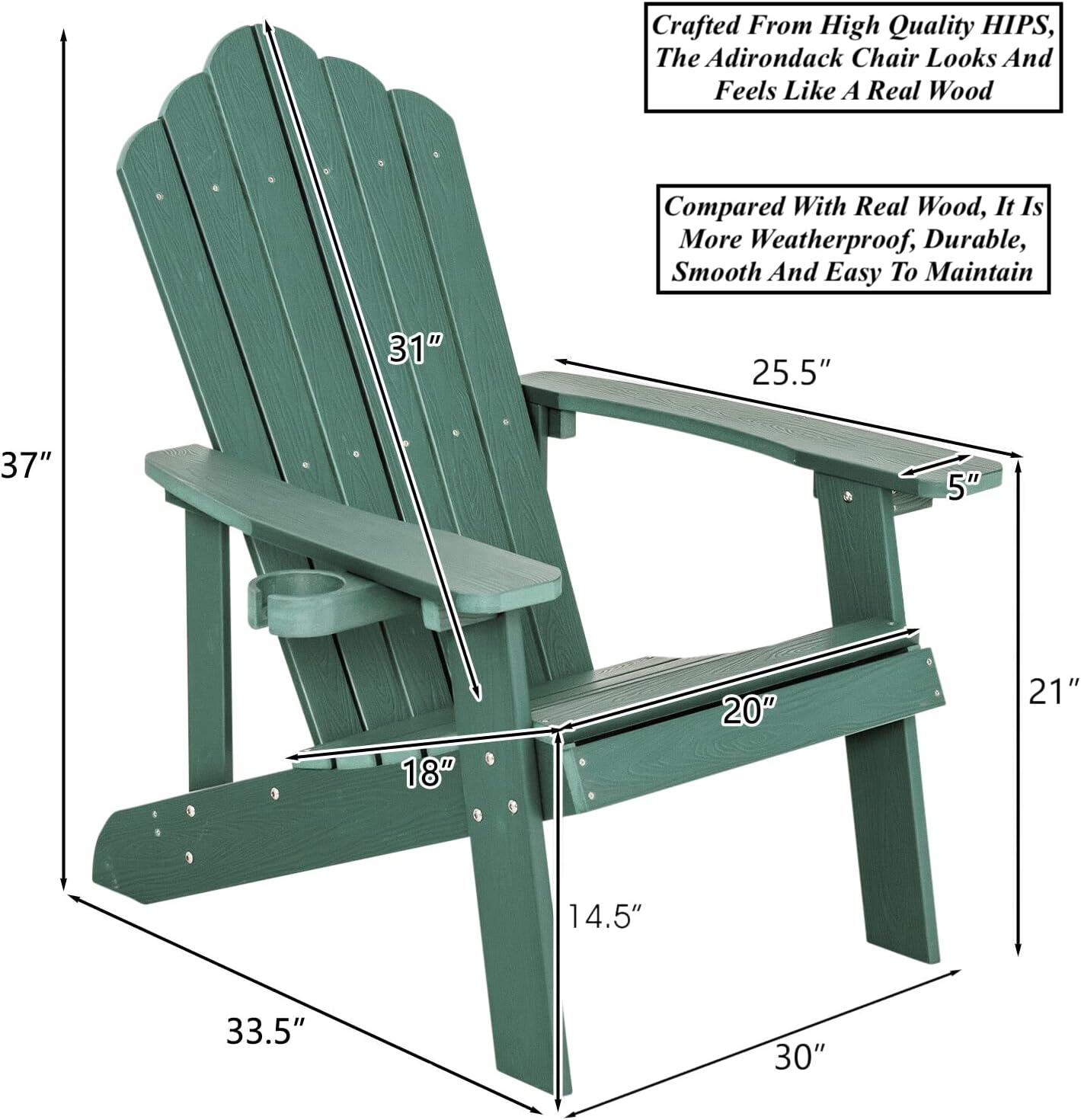 2 PCS Green Outdoor Patio Adirondack Chair Lounge Armchair Removable Hidden Cup Holders High Slanted Backrest Ergonomic Armrests Solid Hips Material Perfect for Porch Garden Balcony Poolside Use
