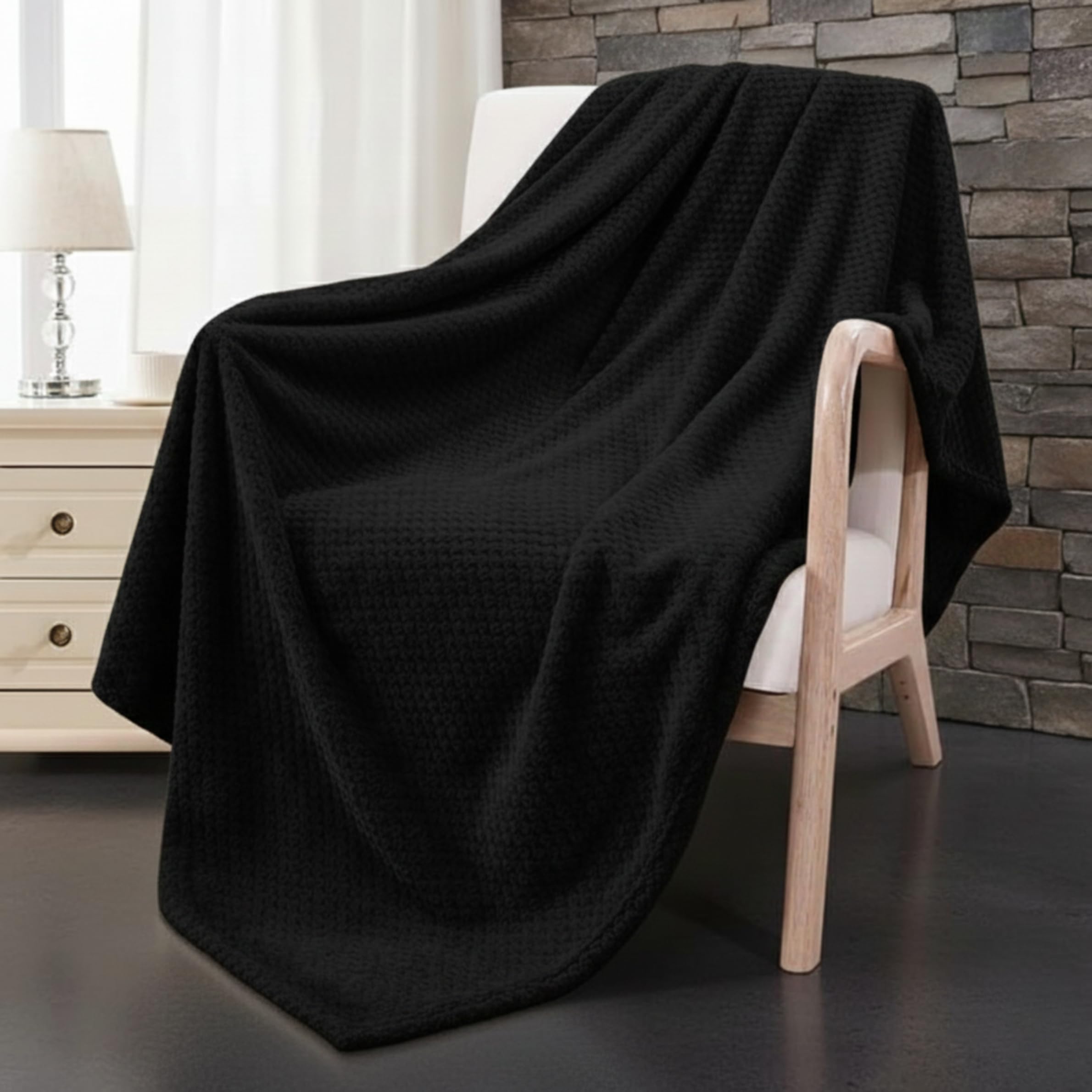 Dolce Vari Black Premium Waffle Whisper Fleece Throw Blankets Honeycomb Super Soft Warm Cozy Over Sofa Bed Throw Blanket (, Single)
