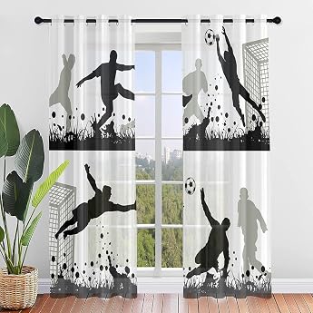 Hiseng Voile Curtains with Eyelets Transparent Semi-Transparent Eyelet Curtain for Windows Football Living Room Bedroom Modern Boys Transparent Curtain Set of 2 80 x 115 cm White