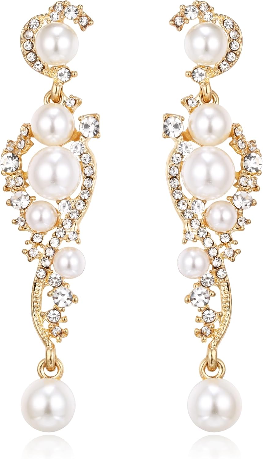 EVER FAITH Women's Austrian Crystal Cream Simulated Pearl Bridal Vine Dangle Earrings Clear