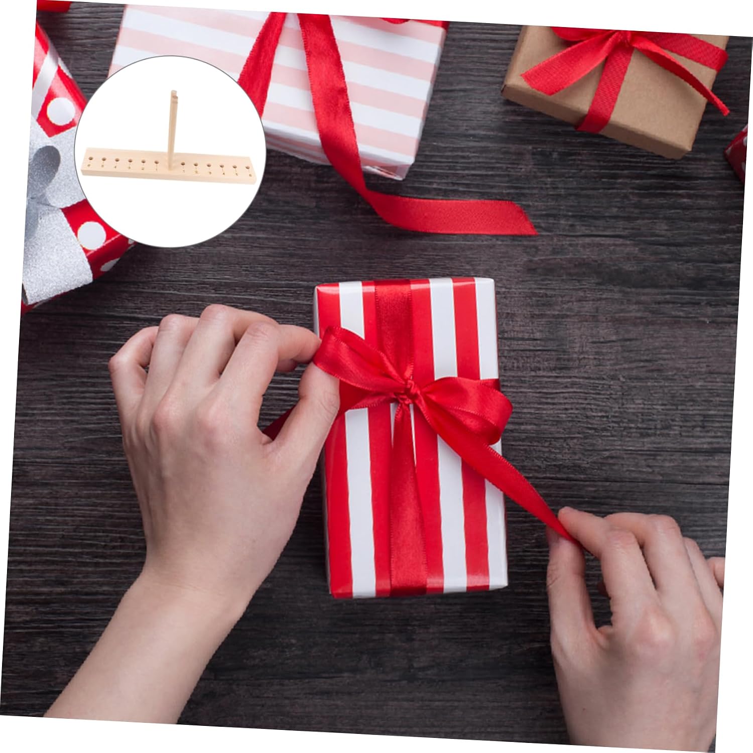 Gogogmee Wooden Ribbon Maker Bow Making Tool with Pegs for Custom Bows for Parties and Wreath Decorations Includes Board Wooden Sticks