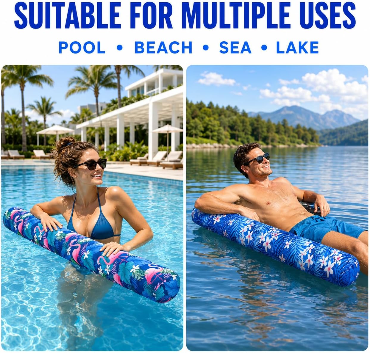 2-Pack Thick Inflatable Pool Noodles with Storage Bag, Quick-Drying Fabric-Covered Swim Floats for Adults, Beach & Pool Water Toys