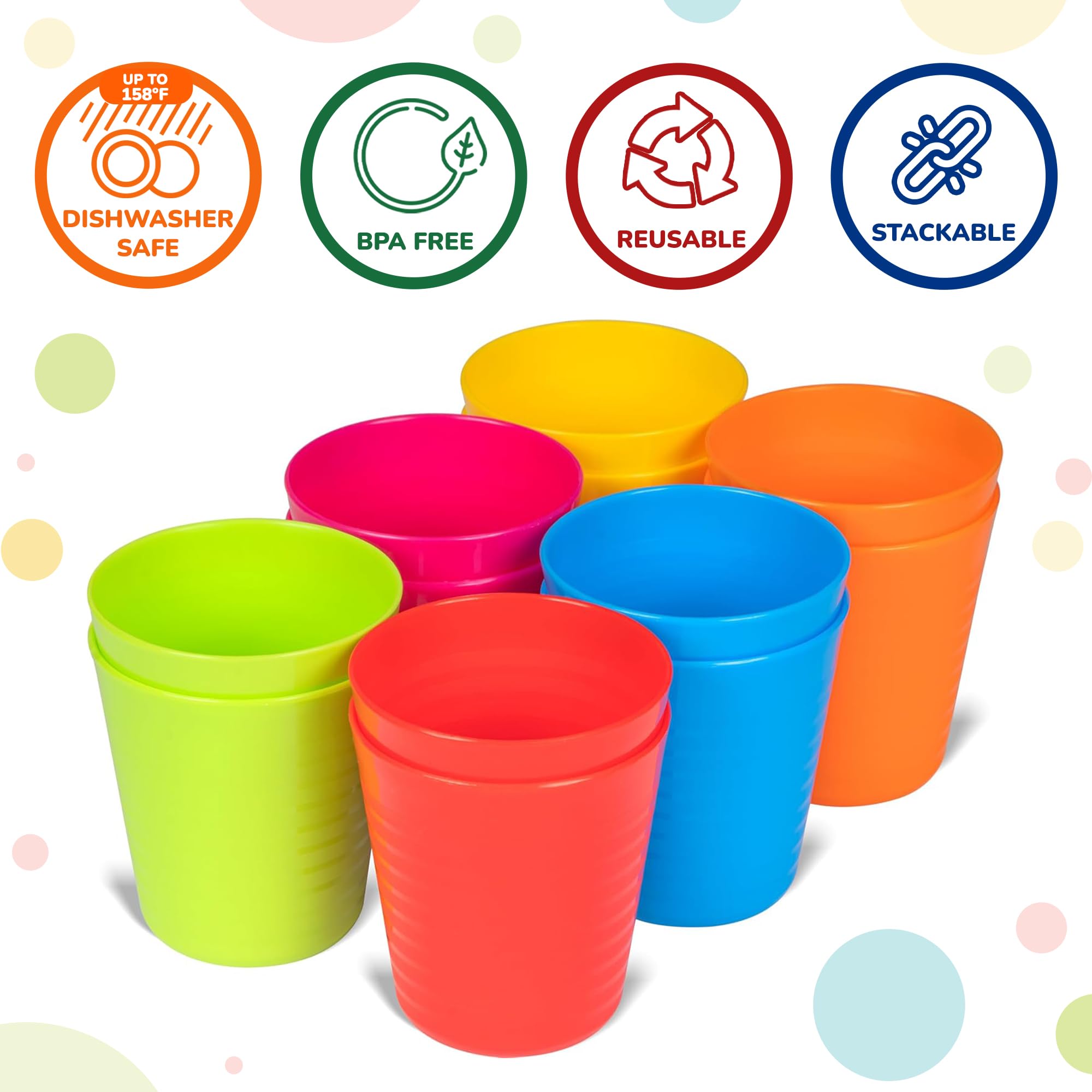 PLASKIDY Kids Cups Set of 12 Plastic Toddler Drinking Cups - 8 Ounce Tumblers, Reusable, Dishwasher Safe, BPA Free for Kids and Toddlers