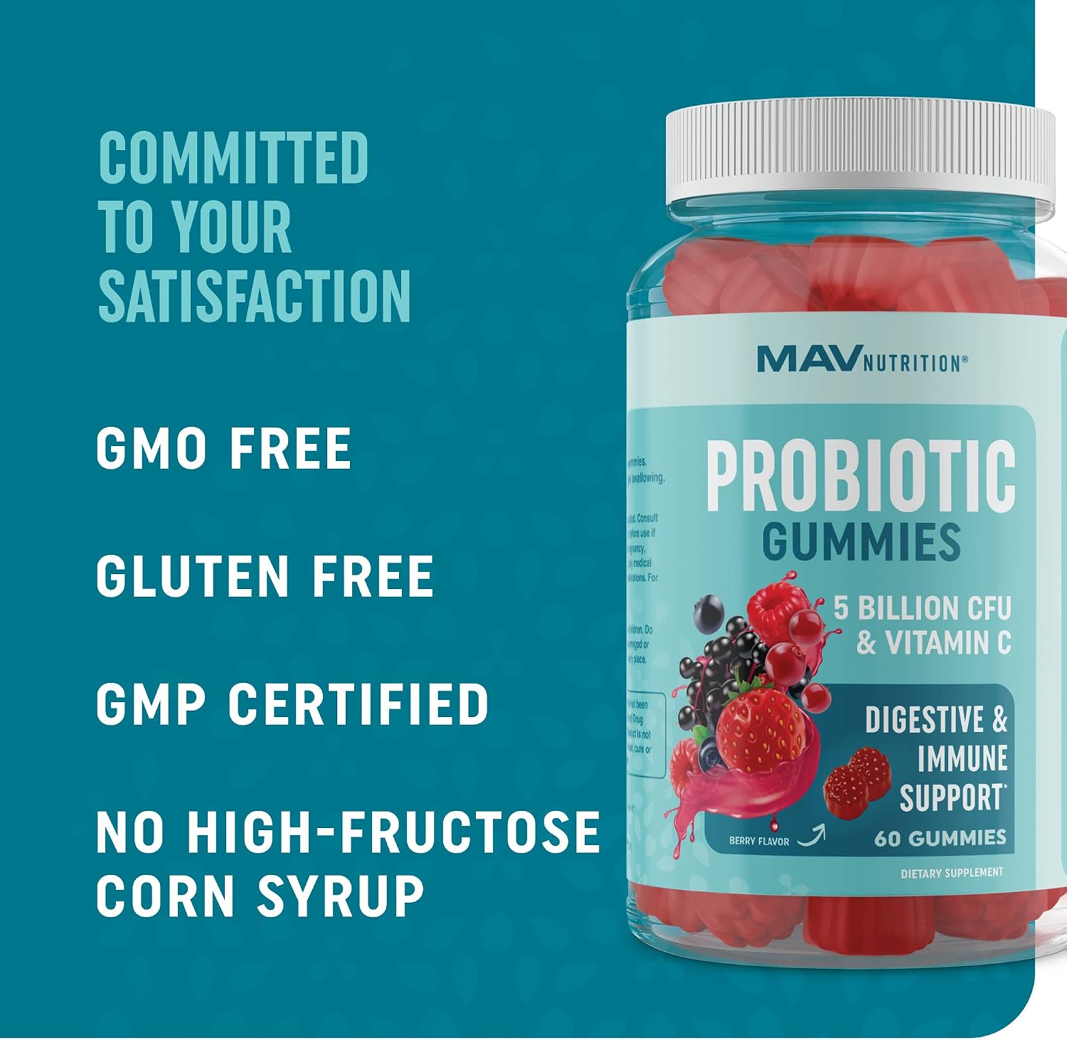 Probiotic Gummies with Vitamin C and Folic Acid | 5 Billion CFU Probiotics | Gut Health, Digestion, & Immune System Support | Gluten-Free, Non-GMO, Berry Flavor | With Organic Fruit Extracts | 60 ct.