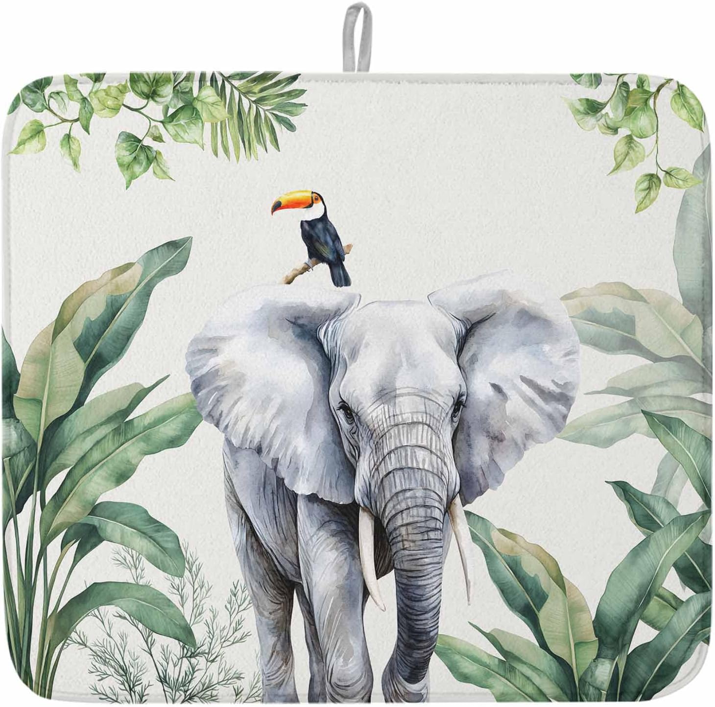 Dish Drying Mat Set of 2 Tropical Elephant Parrot Microfiber Absorbent Reusable Washable Dish Drying Rack Mat Summer Palm Leaf Coffee Mat for Coffee Maker Bar Kitchen Countertops 16x18inch