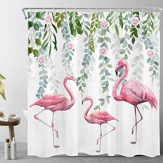LB Pink Flamingo Shower Curtain Rose Flower in Green Leaf Shower Curtain Set with Hooks Tropical Bird Waterproof Washable Fabric Shower Curtains for Bathroom Decorative,72x72 inch