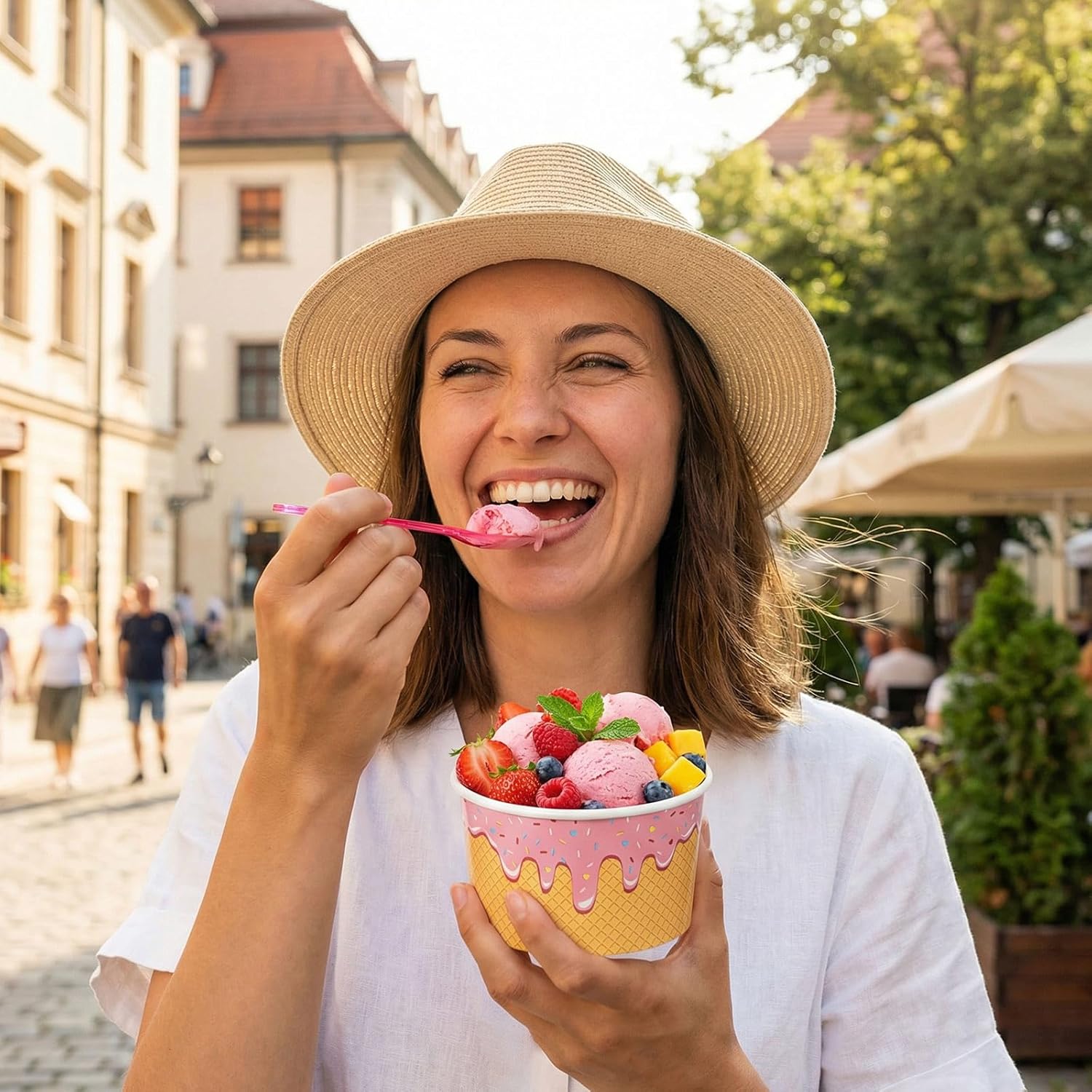 100 Pack Ice Cream Cups with Lids and Spoons Paper Dessert Cups Colorful Sundae Bowls Disposable Ice Cream Containers for Hot Soup Spring Summer Graduation Bar Party Supplies (8 oz)