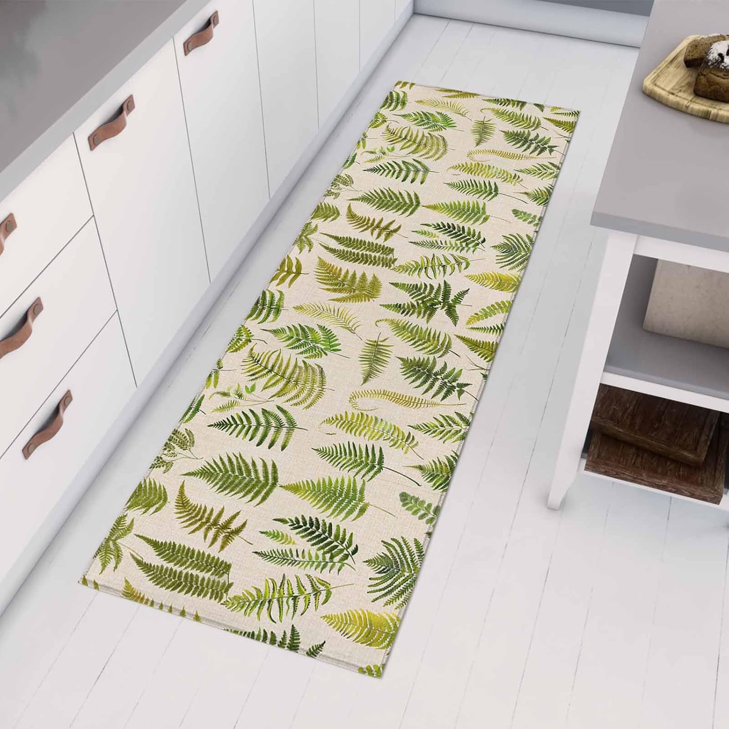Kitchen Mats for Floor Green Fern Plant Botanical Leaves Washable Non Slip Kitchen Rugs 1PCS, Watercolor Foliage on Linen Absorbent Standing Mats for Sink Bathroom Office Living Room 15.7x47.2in